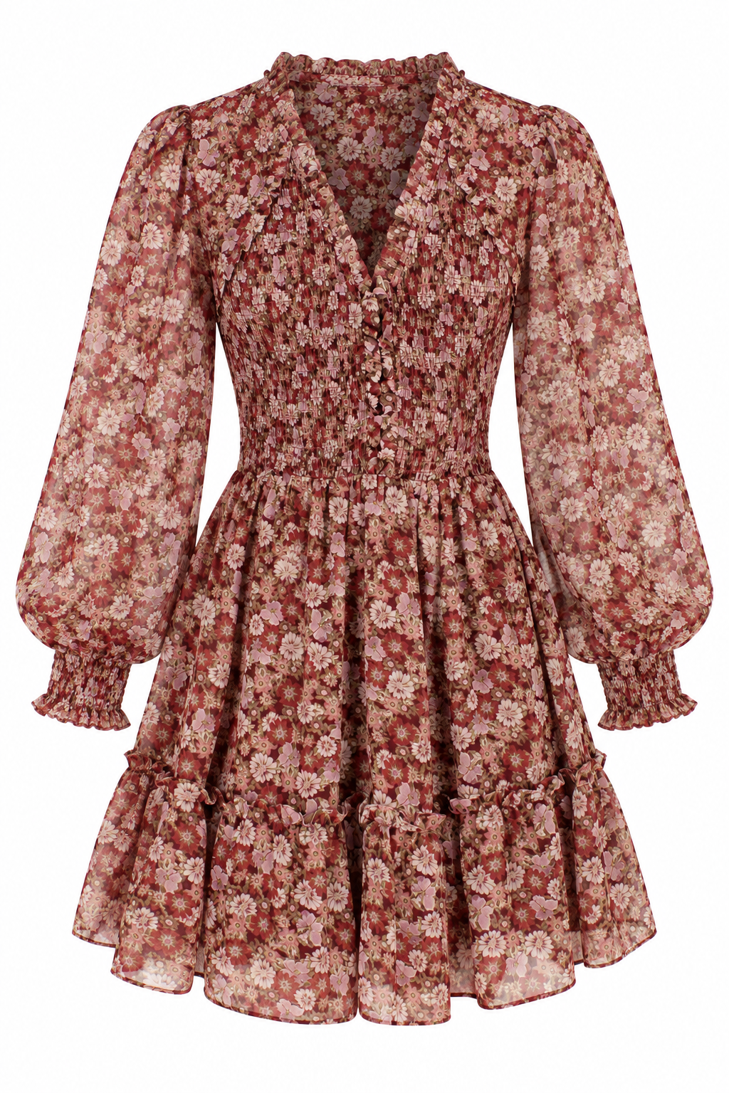 A long-sleeve, smocked, tiered mini dress with a dense floral pattern in dusty rose, rust red, and cream, shown against a plain white background.