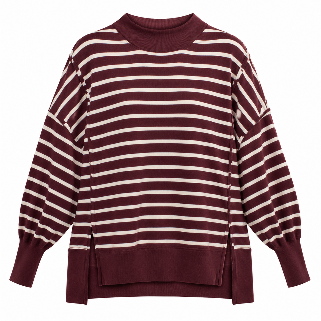 A long-sleeve knit sweater with horizontal burgundy and cream stripes, featuring a mock neck, dropped shoulders, and a relaxed fit, shown against a plain white background.
