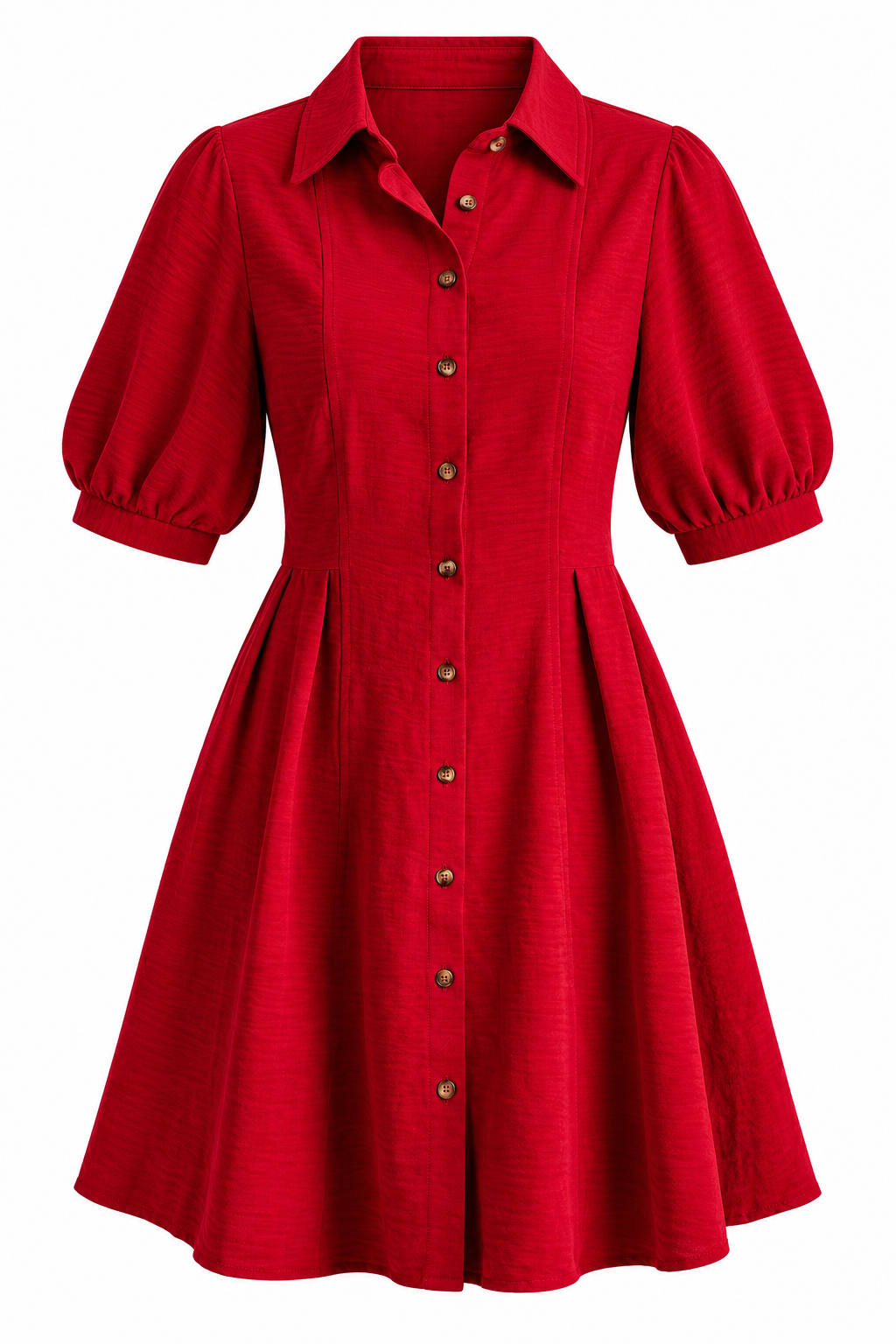 A red short-sleeve button-down dress with a pointed collar, textured fabric, and a flared skirt, shown against a plain white background.