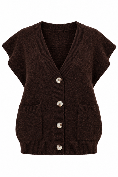 A dark brown knit cardigan vest with short cap sleeves, a V-neck, front button closure, and two front patch pockets, shown on a plain white background.
