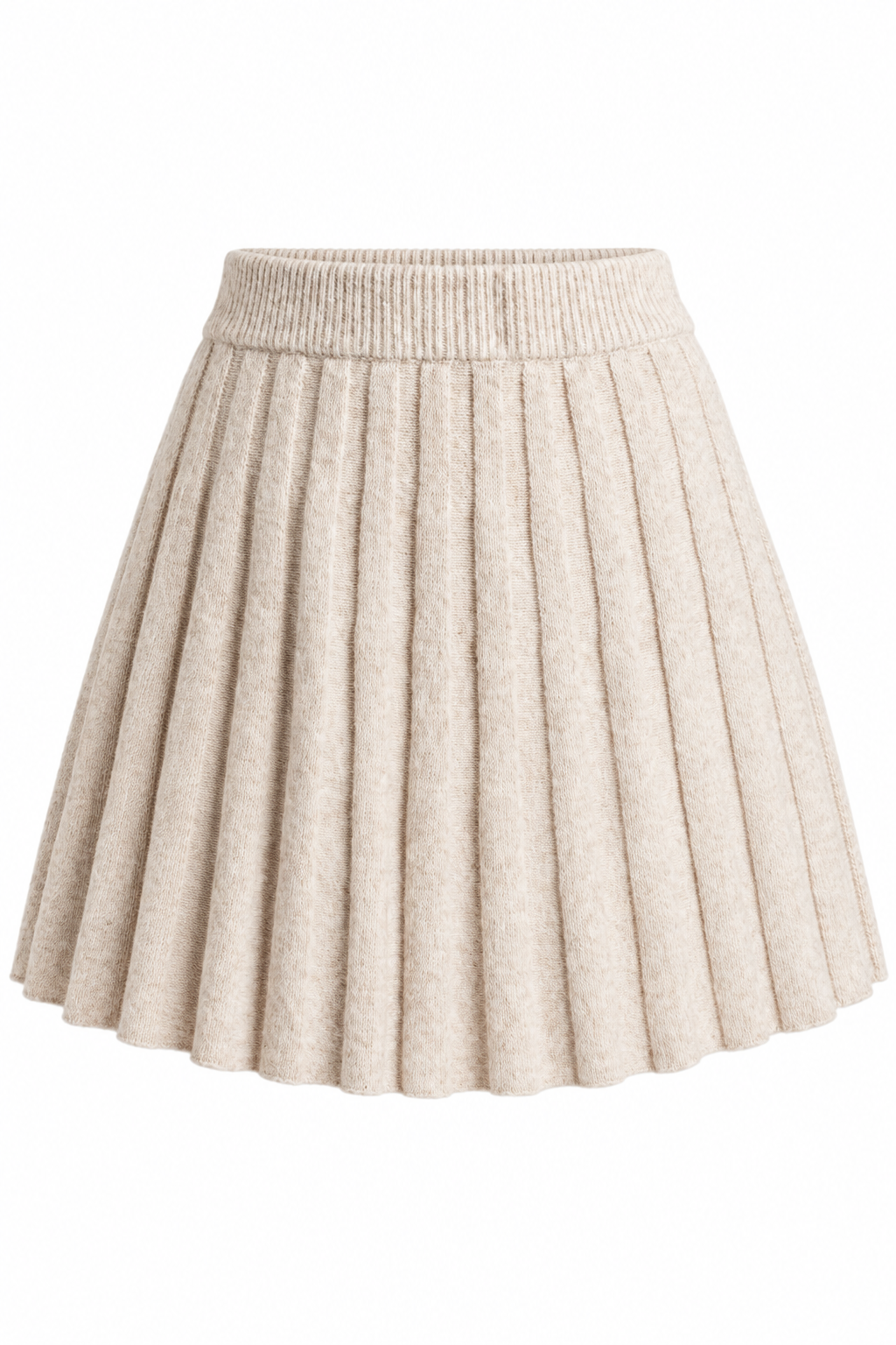 A pleated knit mini skirt in a light oatmeal beige color, shown against a plain white background.
