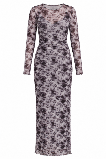 Lost In The Roses Mesh Floral Charcoal Midi Dress