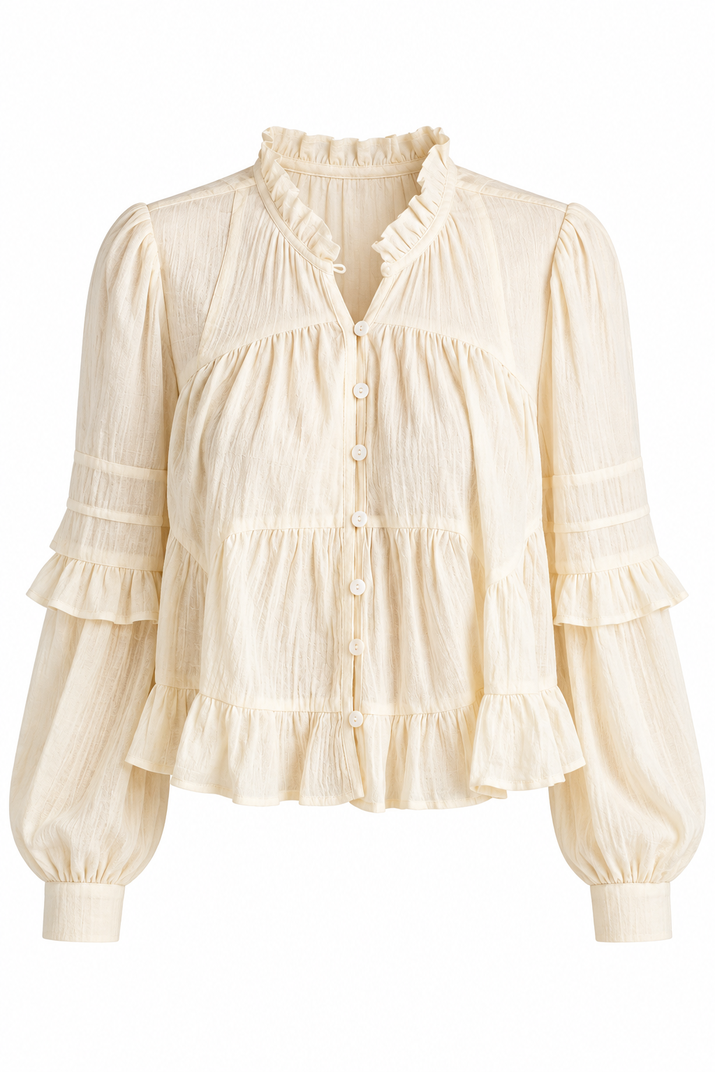 An off-white crinkle gauze blouse with long balloon sleeves, ruffled trim, and a button-up front, shown on a plain white background.