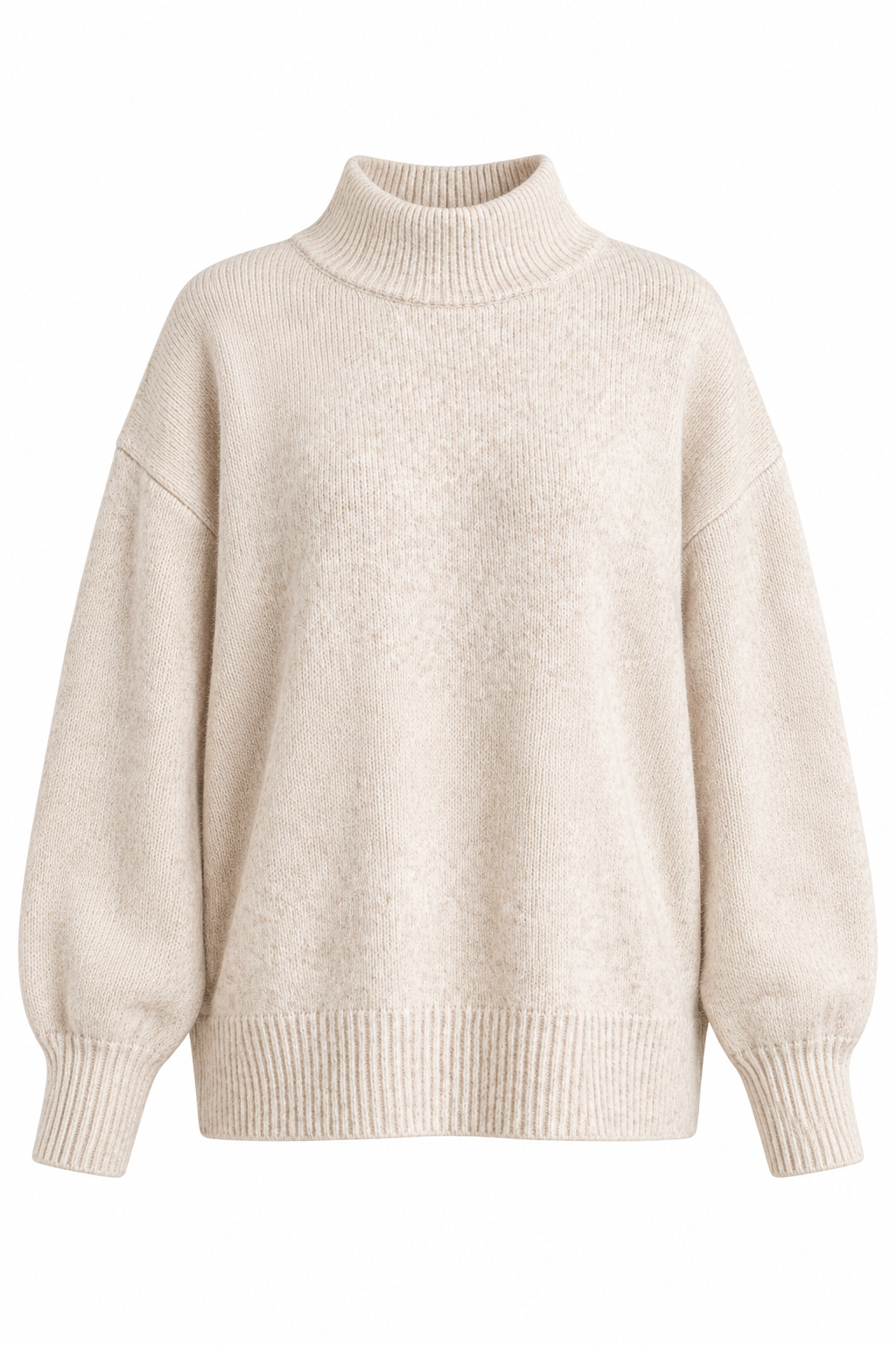 A cream-colored knit turtleneck sweater with a relaxed fit, dropped shoulders, and ribbed cuffs and hem, shown against a plain white background.