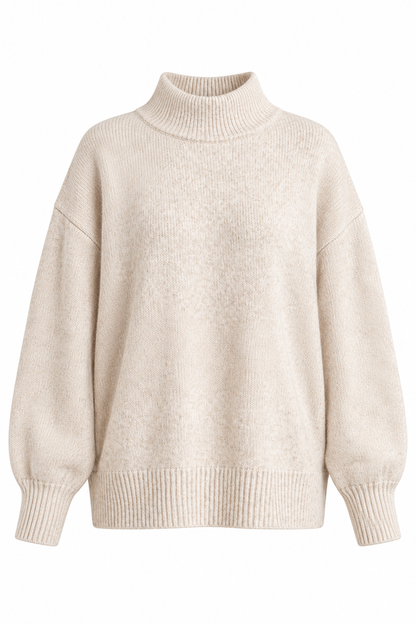 A cream-colored knit turtleneck sweater with a relaxed fit, dropped shoulders, and ribbed cuffs and hem, shown against a plain white background.