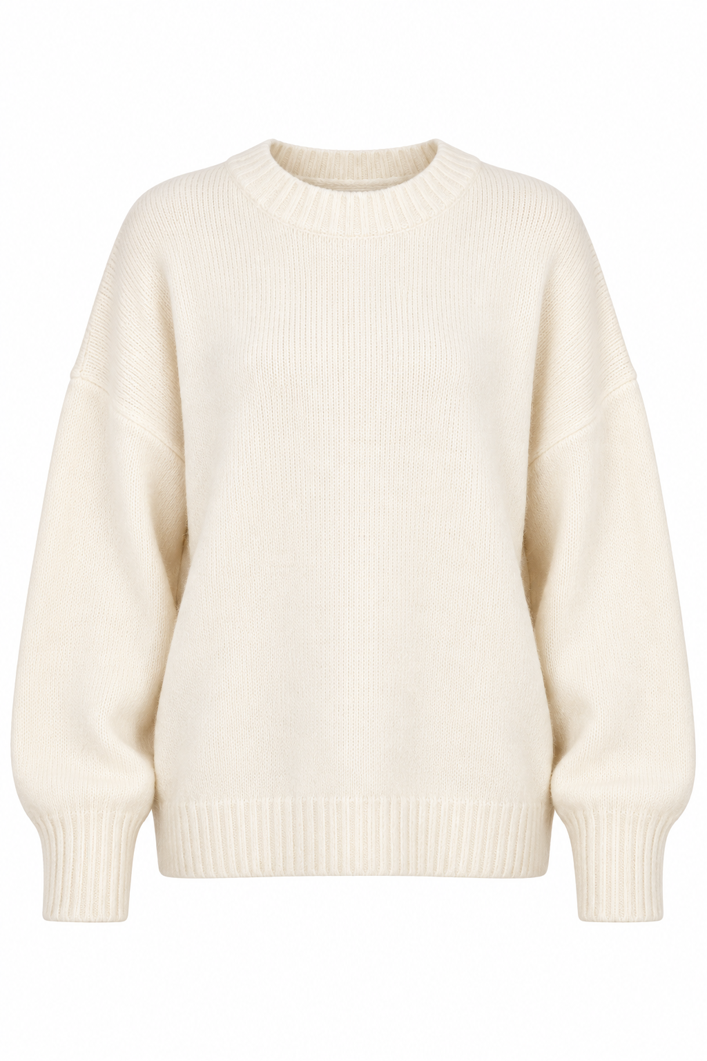 An oversized cream-colored ribbed knit sweater with long sleeves and a crew neck, shown against a plain white background.