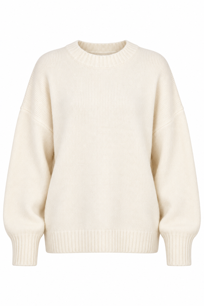 An oversized cream-colored ribbed knit sweater with long sleeves and a crew neck, shown against a plain white background.