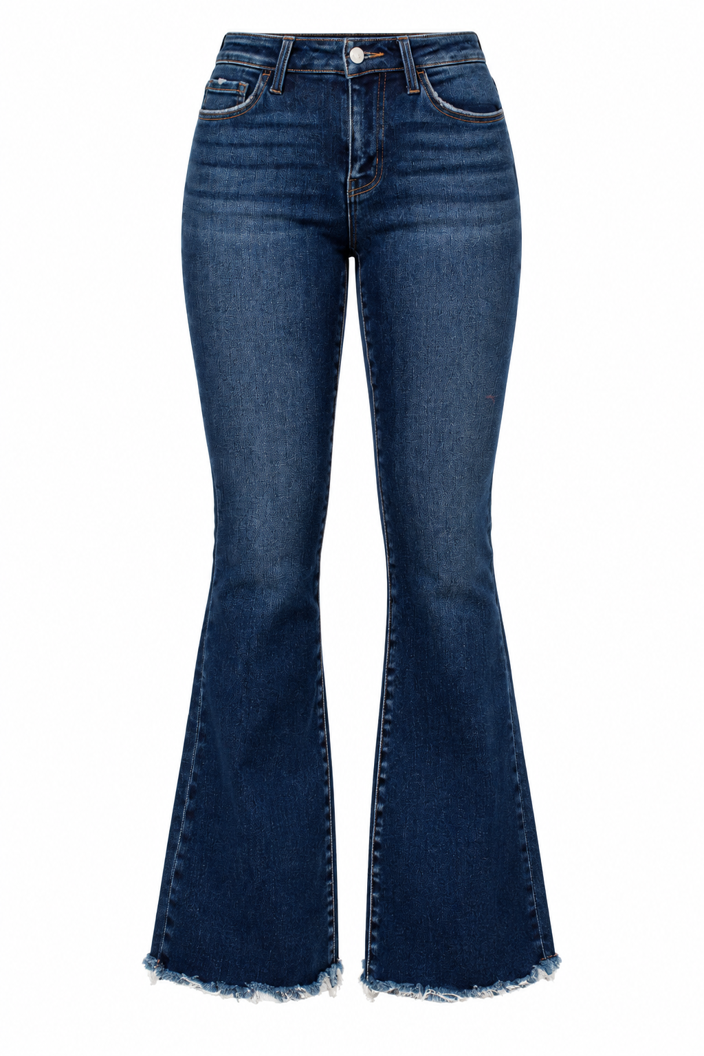 Dark blue high-waisted flare jeans with a frayed hem, shown against a plain white background.