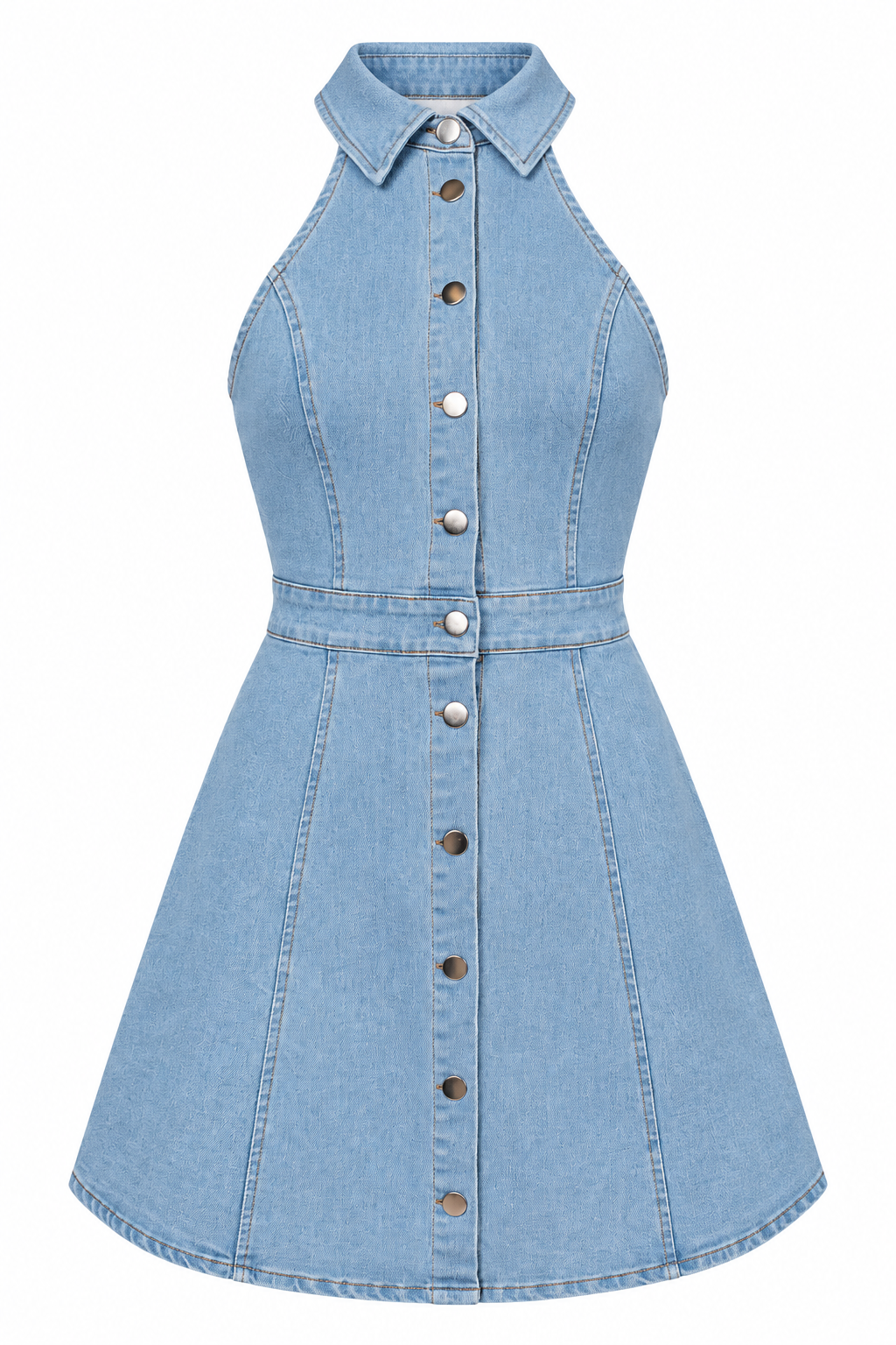 A light blue denim halter dress with a button-down front, pointed collar, and flared skirt, shown on a plain white background.