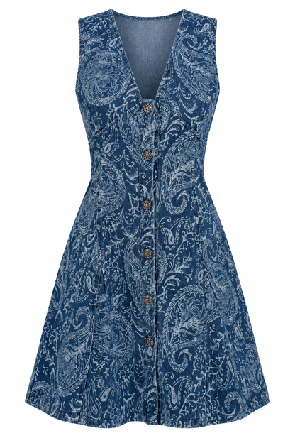 A sleeveless V-neck dress with a blue and white paisley pattern, featuring a button-down front and a flared skirt, shown against a plain white background.