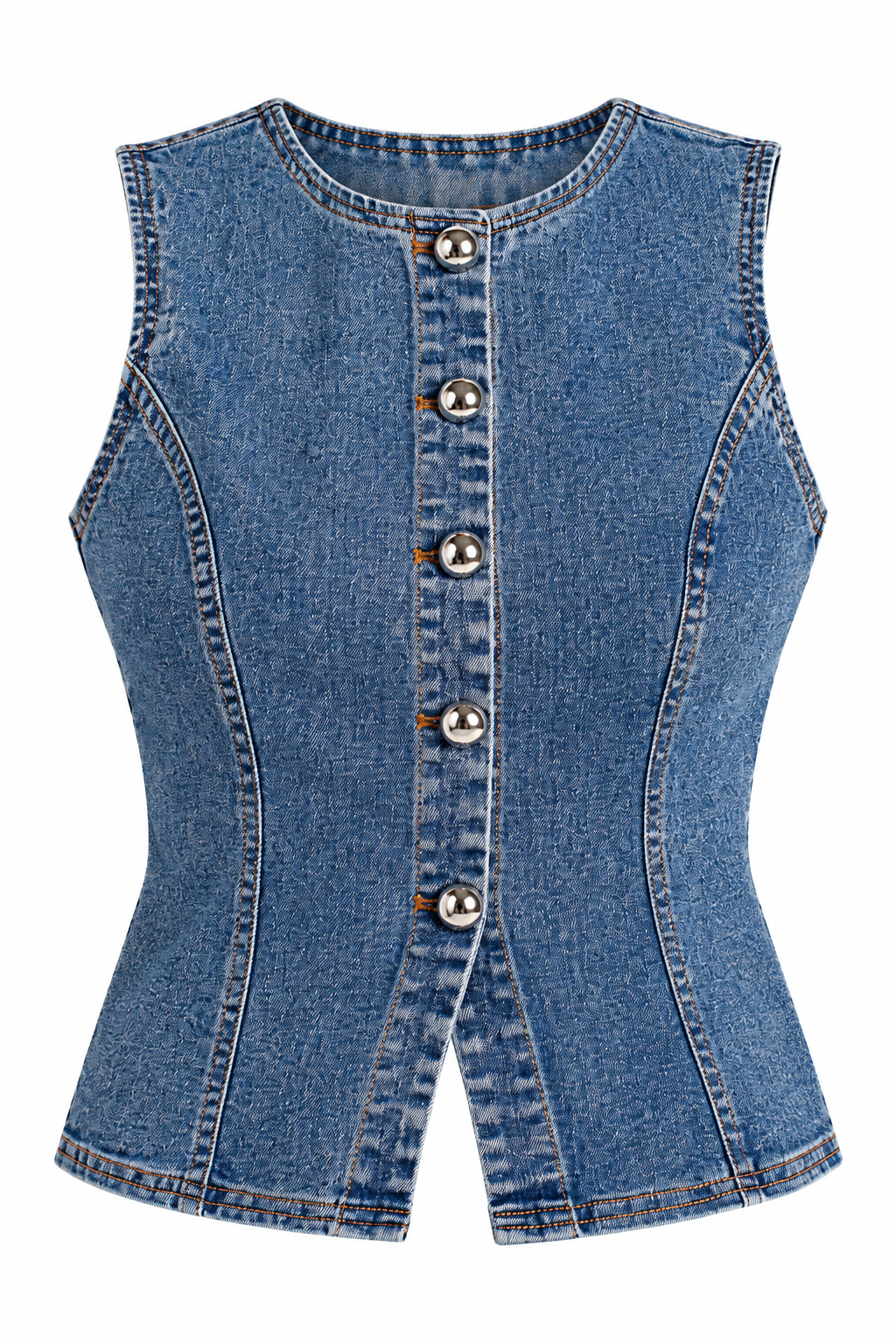 A sleeveless blue denim vest with a button-up front, featuring decorative silver buttons and contrast stitching, shown on a plain white background.