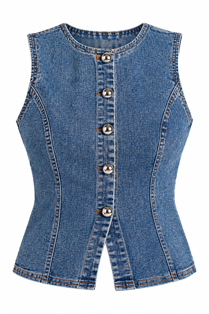 A sleeveless blue denim vest with a button-up front, featuring decorative silver buttons and contrast stitching, shown on a plain white background.