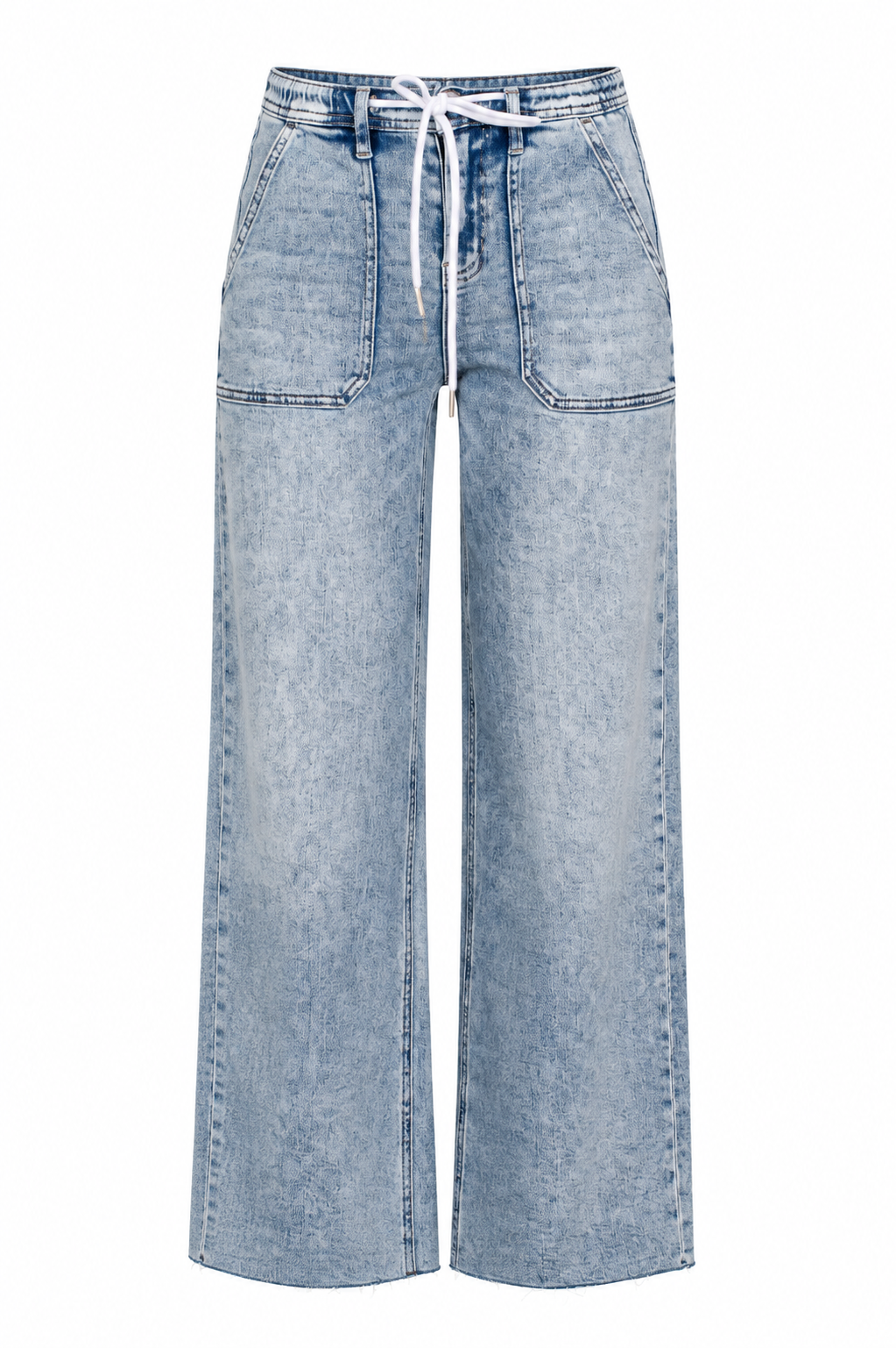 Light blue wide-leg denim jeans with a drawstring waistband and front patch pockets, shown on a plain white background.