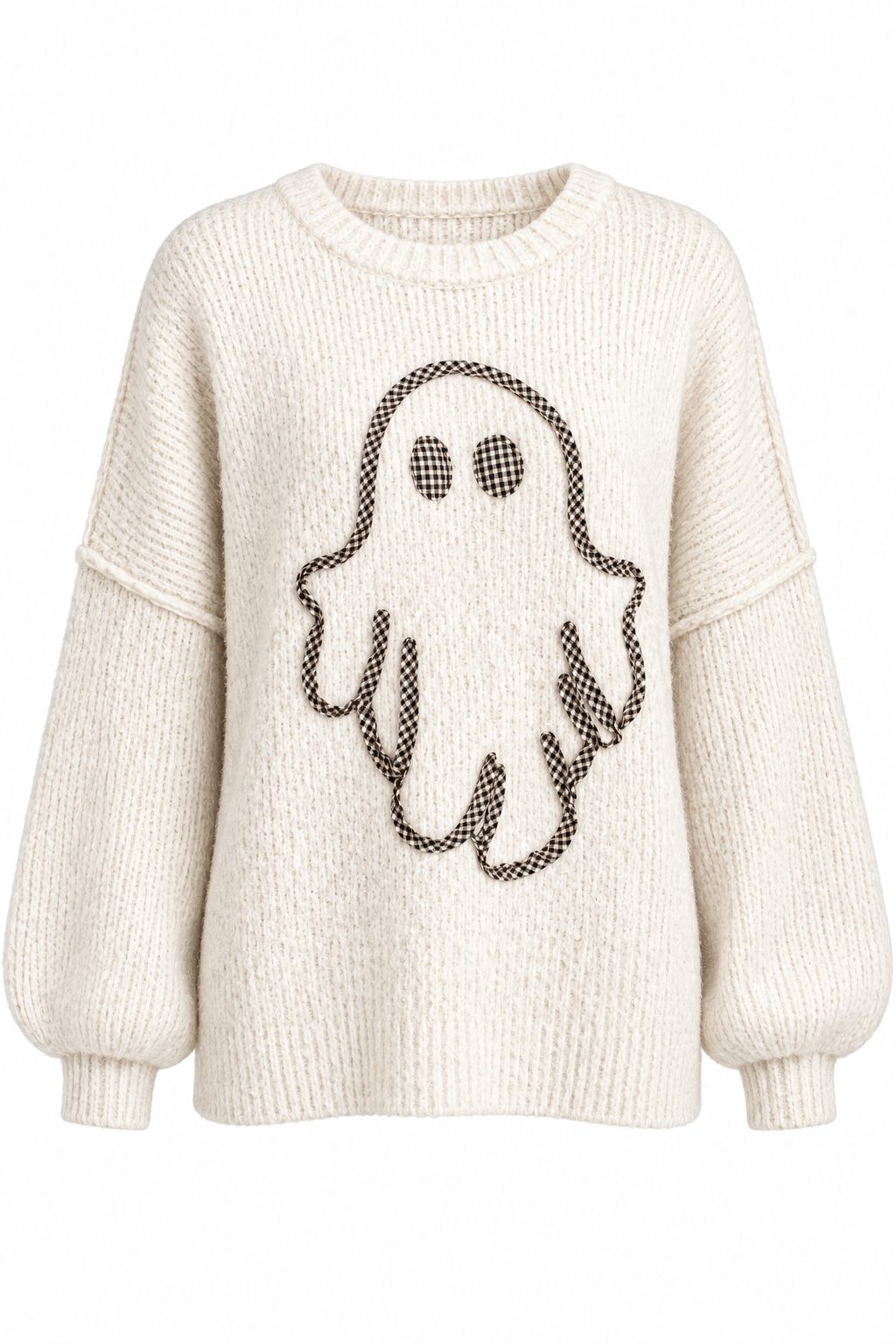 An off-white ribbed knit crewneck sweater featuring a large, stylized ghost graphic outlined in black across the chest.