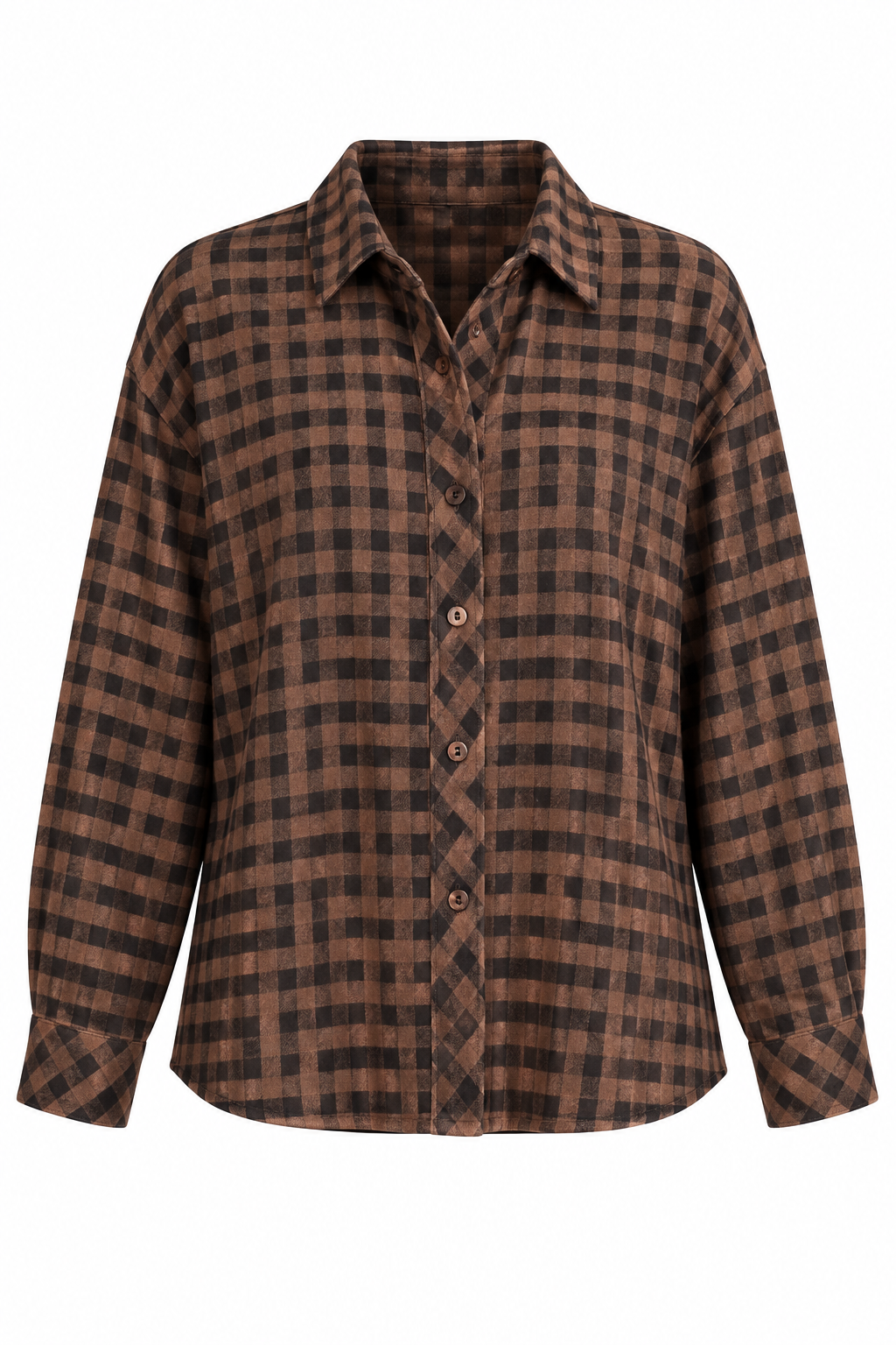 A brown and black plaid button-down shirt with a pointed collar and long sleeves, shown against a plain white background.