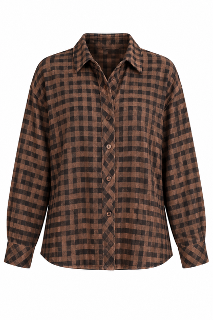 A brown and black plaid button-down shirt with a pointed collar and long sleeves, shown against a plain white background.