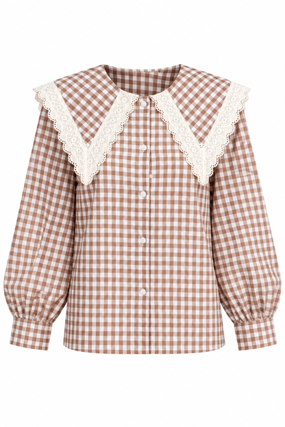Cottage Calling Gingham Taupe Collar Blouse