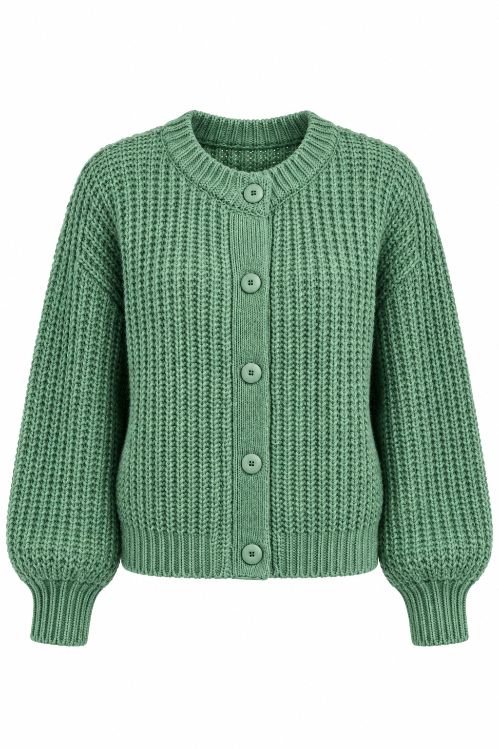 A sage green chunky knit cardigan sweater with a button-up front, ribbed collar, cuffs, and hem, displayed on a clean white background.