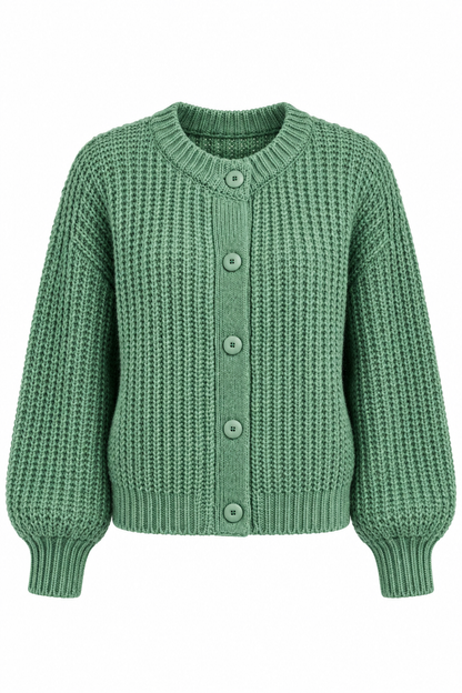 A sage green chunky knit cardigan sweater with a button-up front, ribbed collar, cuffs, and hem, displayed on a clean white background.