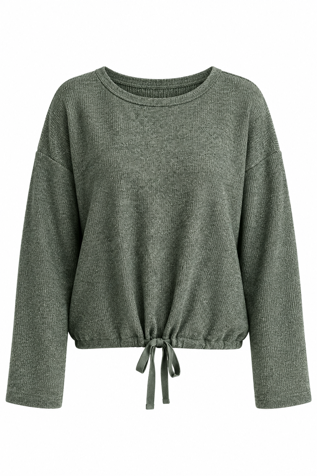 An olive green long-sleeve knit sweater with a crew neck and a drawstring tie at the hem, shown against a plain white background.