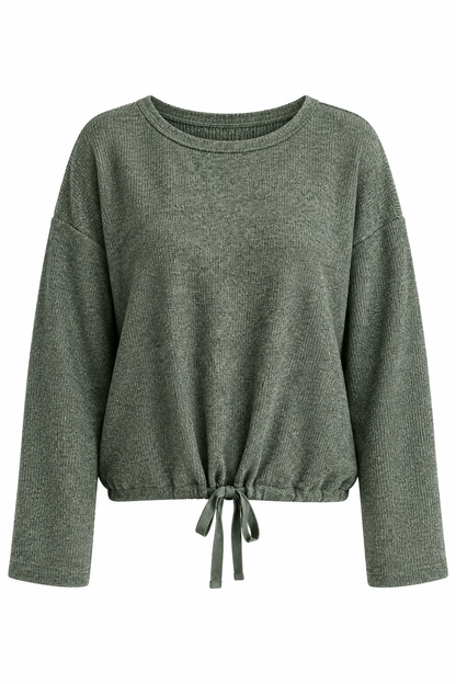 An olive green long-sleeve knit sweater with a crew neck and a drawstring tie at the hem, shown against a plain white background.