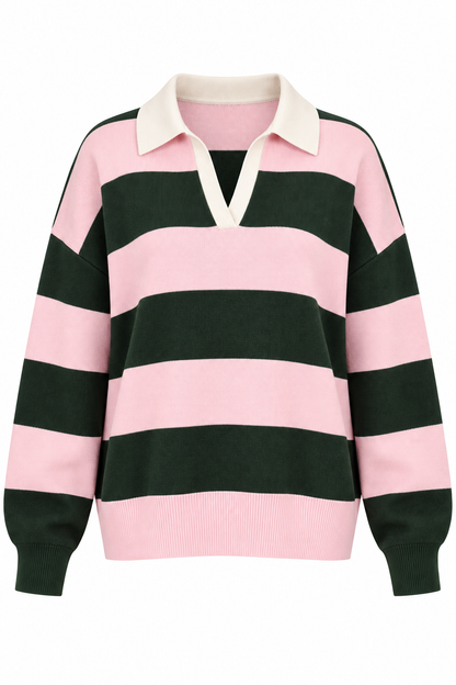 A pink and dark green horizontally striped rugby-style sweater with a cream-colored collar, shown against a plain white background.
