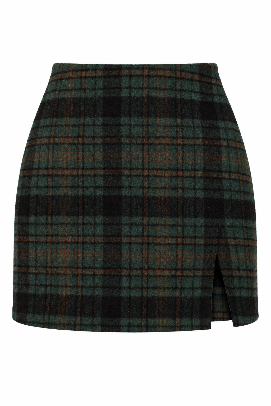 A high-waisted plaid mini skirt in a dark green, black, and brown tartan pattern, featuring a side slit at the hem.