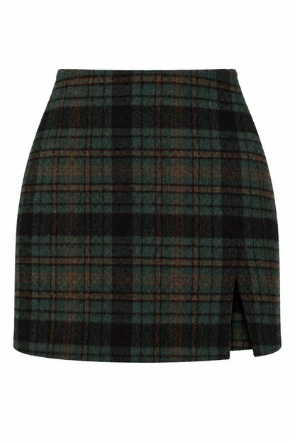 A high-waisted plaid mini skirt in a dark green, black, and brown tartan pattern, featuring a side slit at the hem.