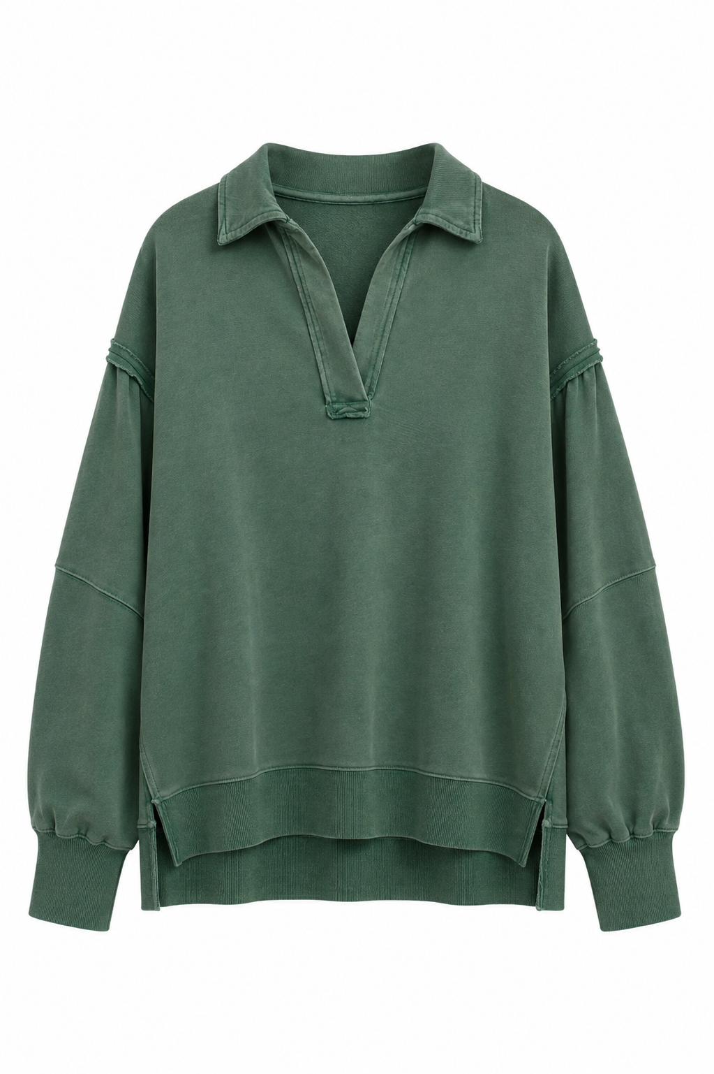 A dark green long-sleeve sweatshirt with a half-placket collar and decorative stitching on the shoulders and sleeves, shown against a plain white background.