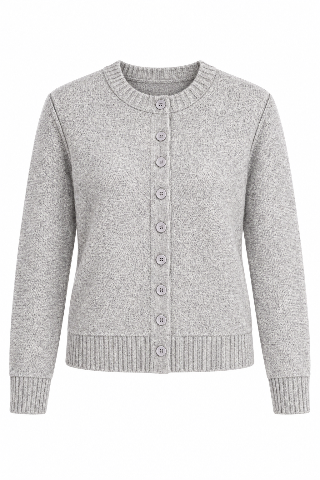 A light gray heathered knit cardigan sweater with a button-up front, ribbed crew neck, cuffs, and hem, shown on a plain white background.