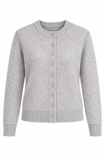 A light gray heathered knit cardigan sweater with a button-up front, ribbed crew neck, cuffs, and hem, shown on a plain white background.