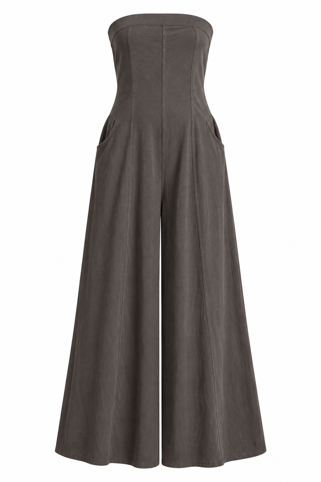 A dark gray strapless wide-leg jumpsuit with side pockets, shown against a plain white background.