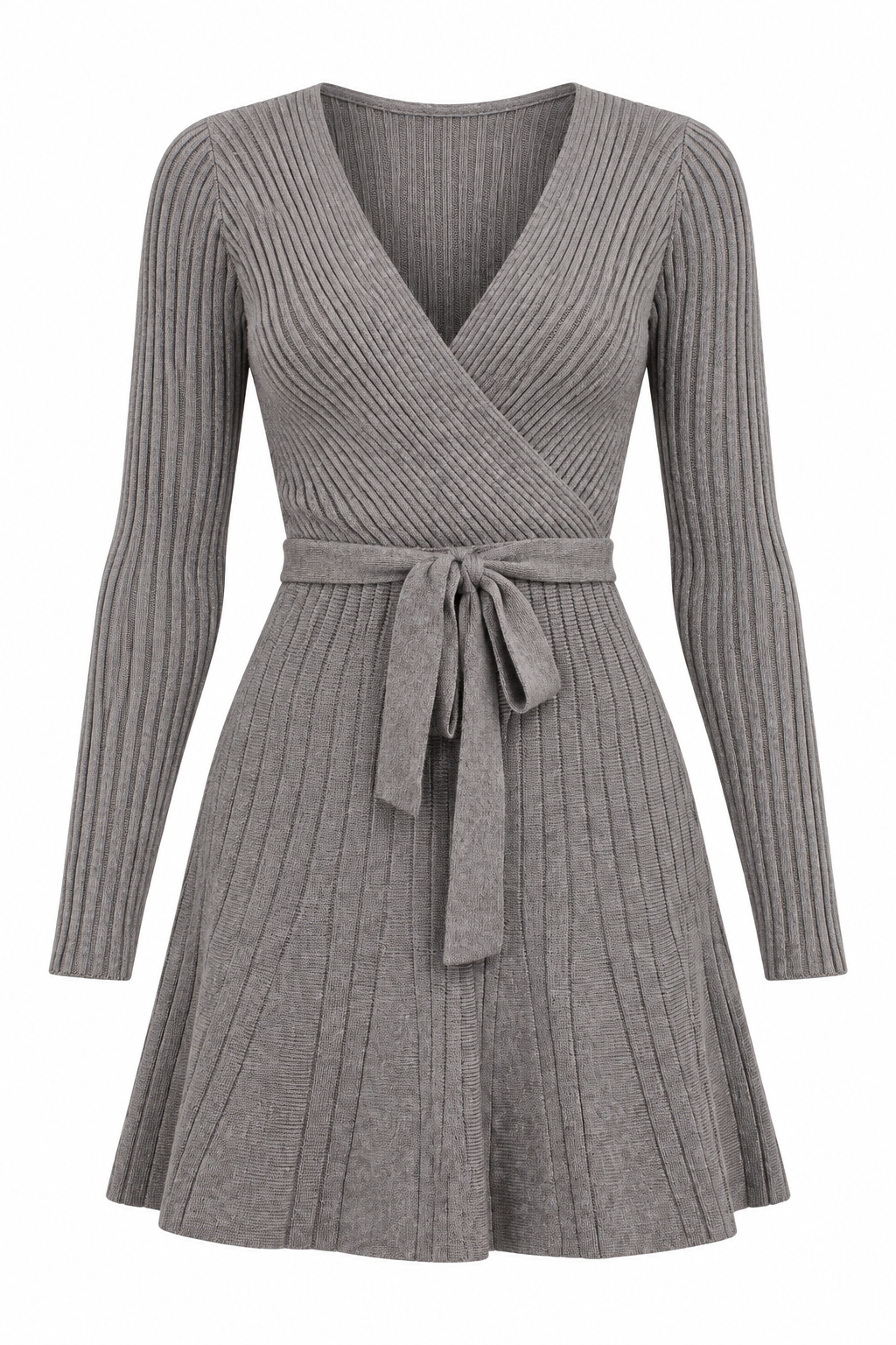 Chic By Choice Grey Ribbed Wrap Knit Mini Dress