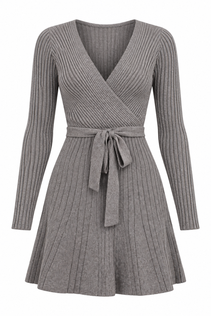 Chic By Choice Grey Ribbed Wrap Knit Mini Dress