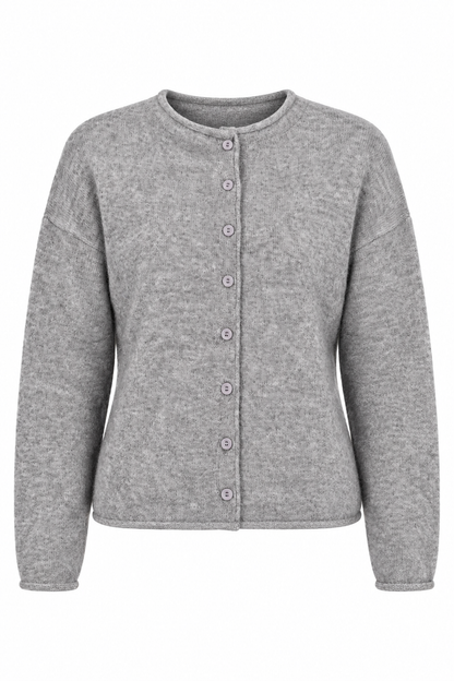 A light gray heathered knit cardigan sweater with a button-up front, displayed on a clean white background.