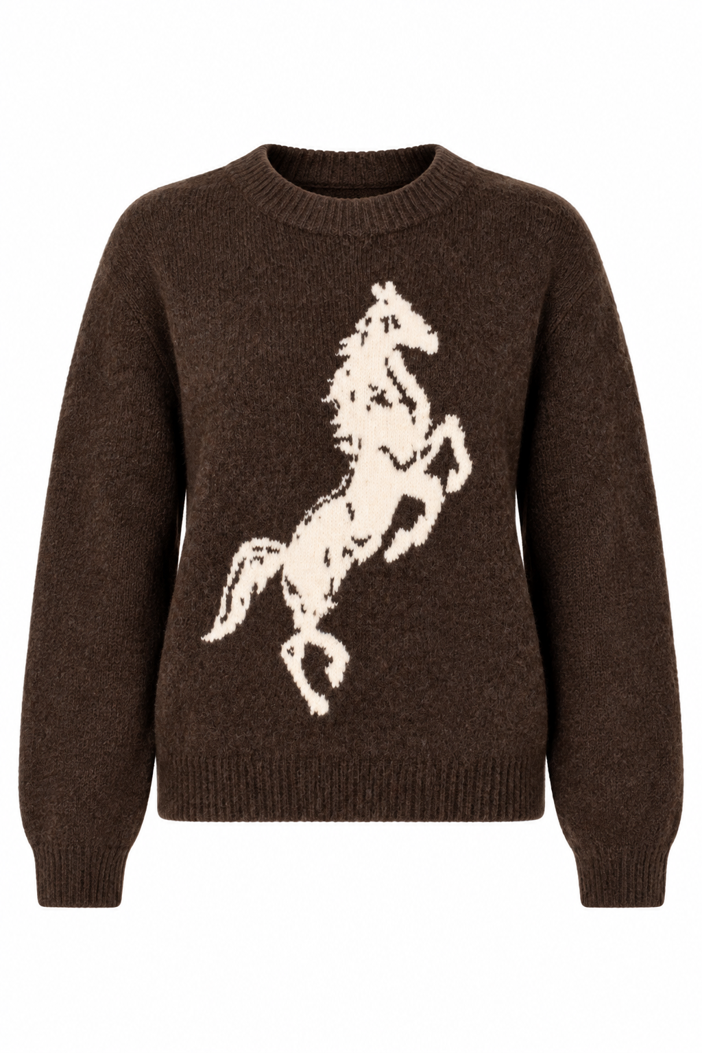 A dark brown knit crewneck sweater featuring a large cream-colored rearing horse motif knitted across the chest, displayed on a solid white background.