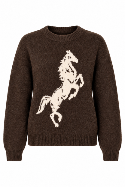 A dark brown knit crewneck sweater featuring a large cream-colored rearing horse motif knitted across the chest, displayed on a solid white background.