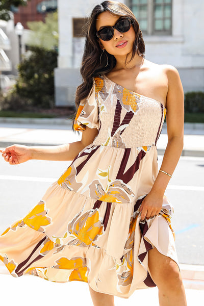 Breathtaking Vision Floral One-Shoulder Midi Dress