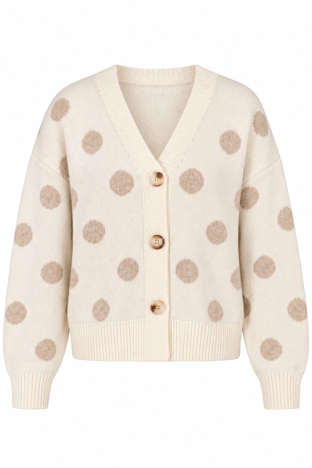 An off-white knit cardigan sweater with beige polka dots and three wooden buttons, shown against a plain white background.