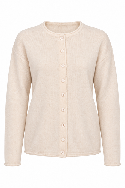 A light beige knit cardigan sweater with a crew neck and a button-up front, displayed on a clean white background.