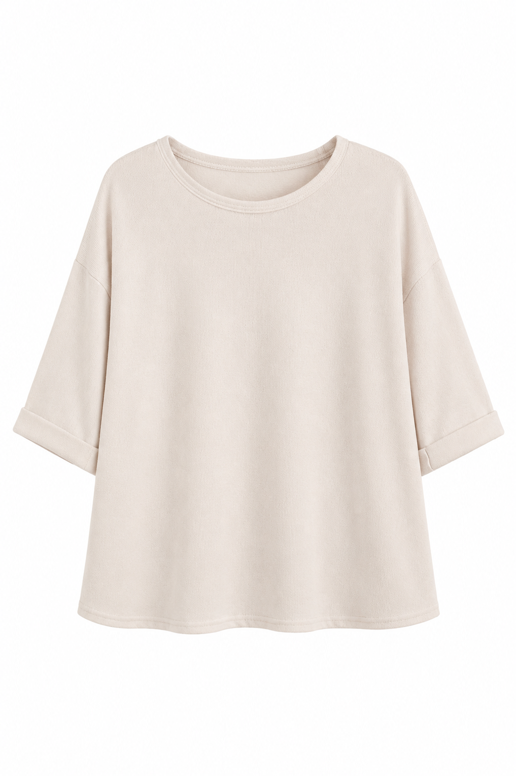 A light beige short-sleeve crewneck top with a relaxed, oversized fit and rolled cuffs, shown against a plain white background.