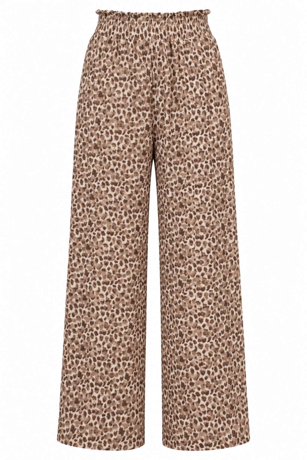 A pair of wide-leg trousers featuring an all-over leopard print pattern in shades of brown and beige, displayed against a solid white background.