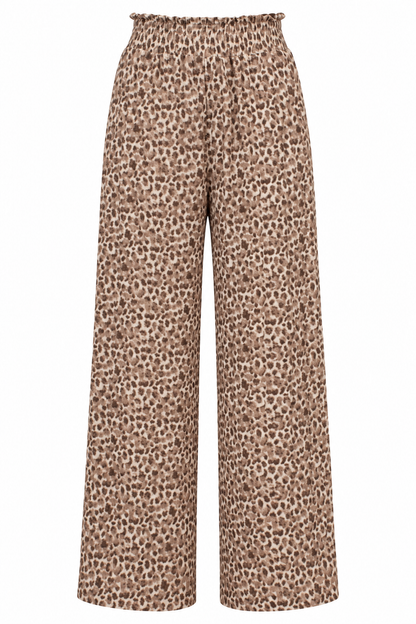 A pair of wide-leg trousers featuring an all-over leopard print pattern in shades of brown and beige, displayed against a solid white background.