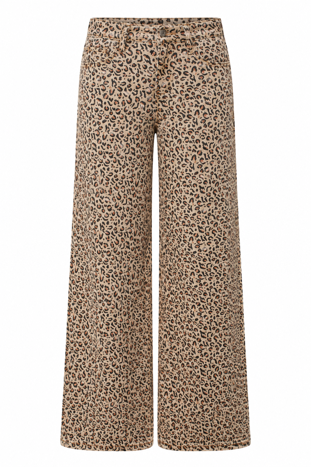 Wide-leg jeans featuring an all-over leopard print pattern in beige, brown, and black, shown against a plain white background.