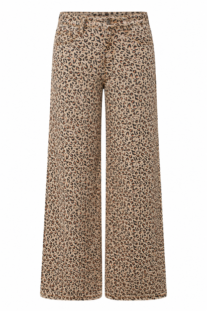 Wide-leg jeans featuring an all-over leopard print pattern in beige, brown, and black, shown against a plain white background.