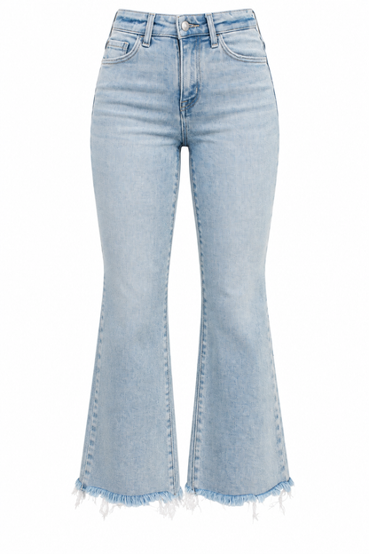 Light wash blue denim flare jeans with a frayed hem, shown against a plain white background.
