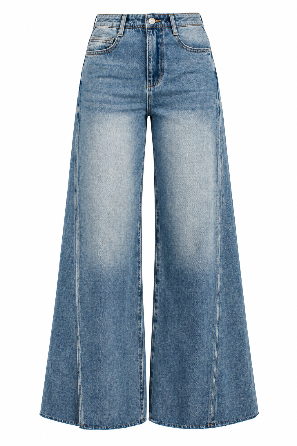 Light blue wide-leg denim jeans with a faded wash and classic five-pocket design, shown against a plain white background.