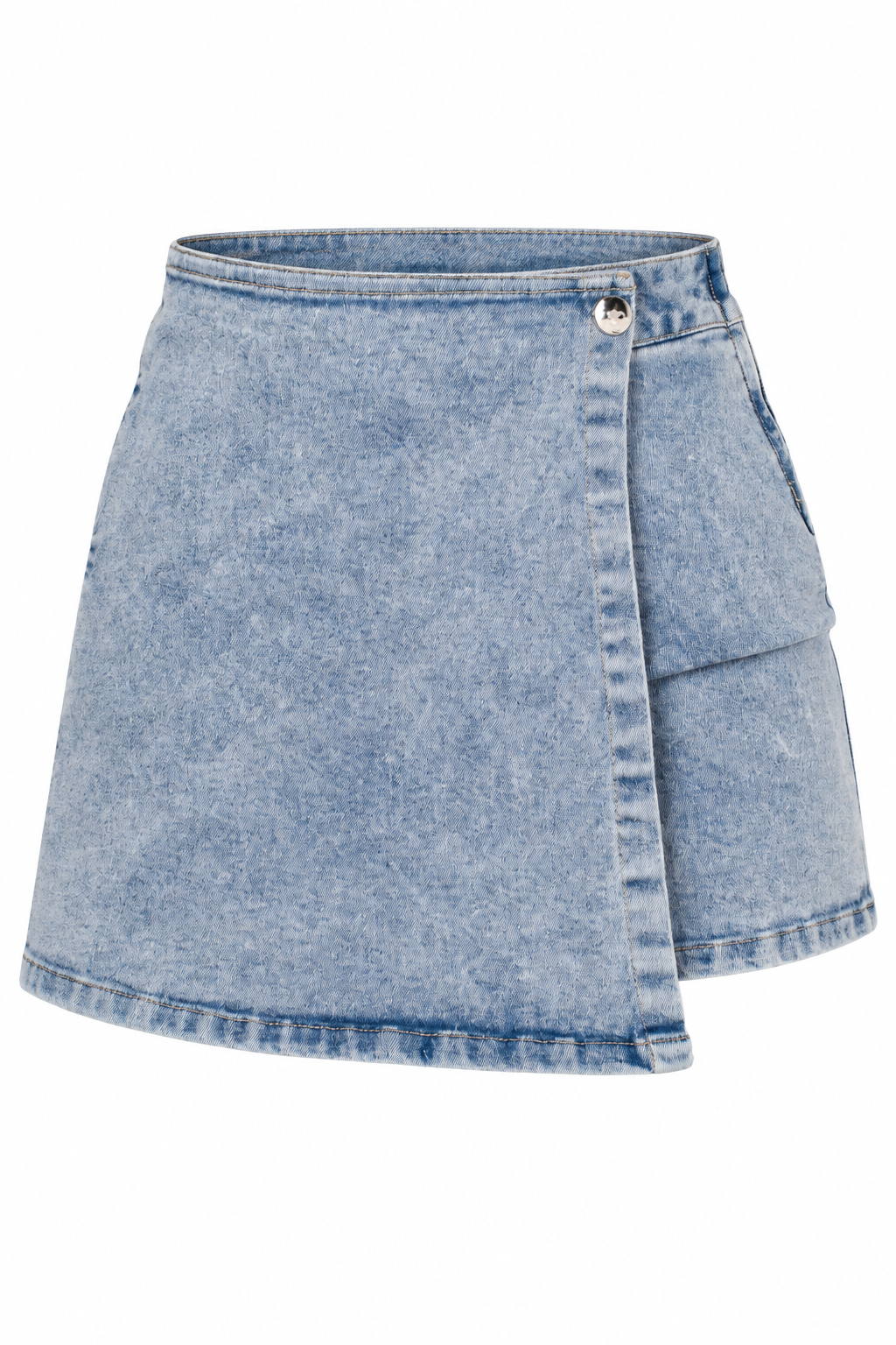A light blue acid-wash denim mini skirt with an asymmetrical wrap-style front, button closure, and side pockets, shown against a plain white background.