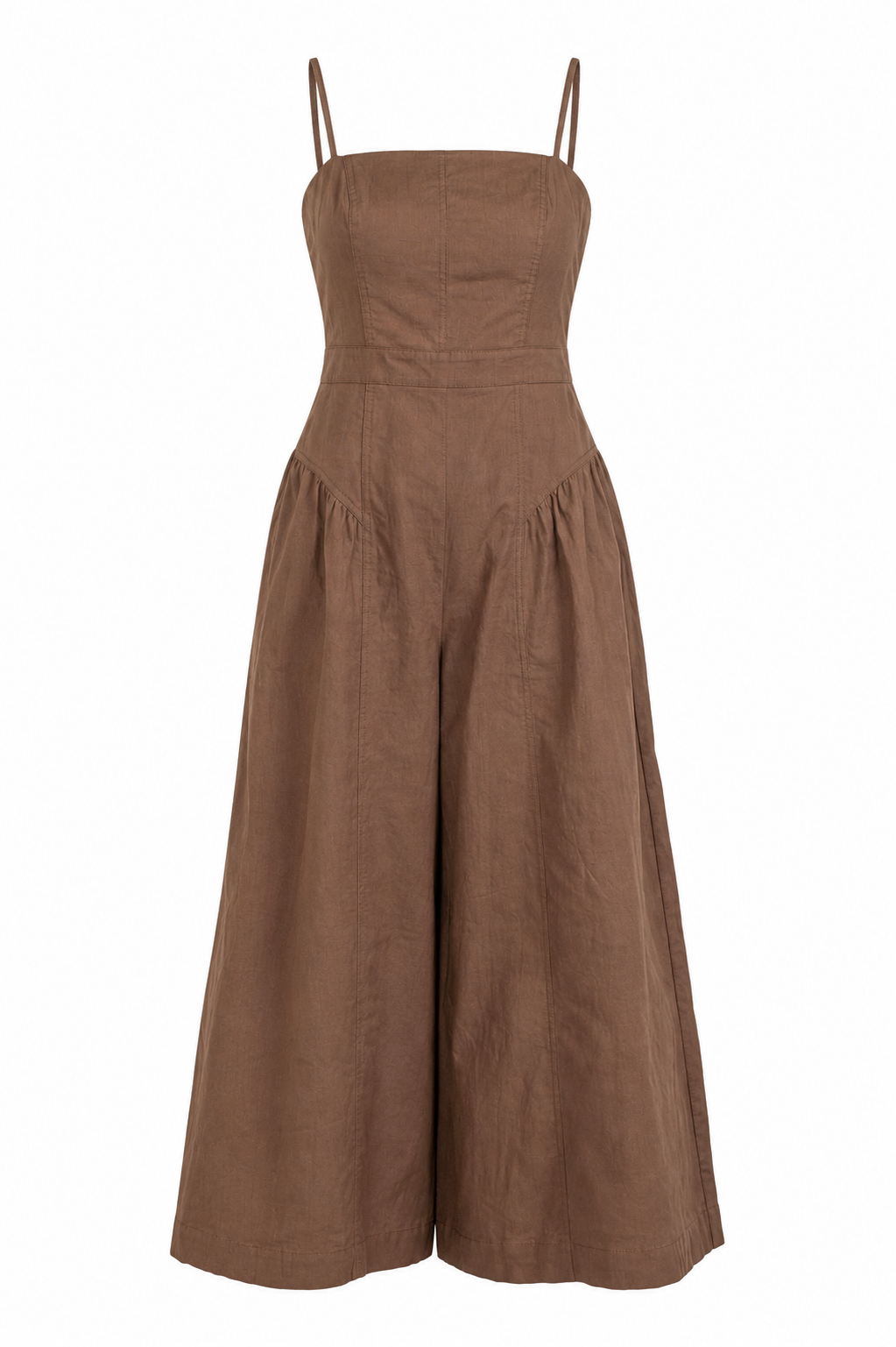A brown wide-leg jumpsuit with thin shoulder straps, a structured square neckline, and a gathered waist, shown against a plain white background.