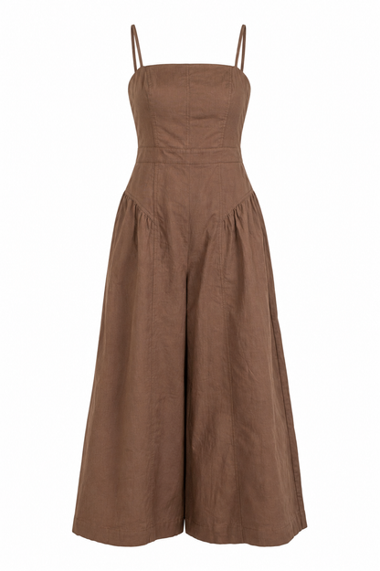 A brown wide-leg jumpsuit with thin shoulder straps, a structured square neckline, and a gathered waist, shown against a plain white background.